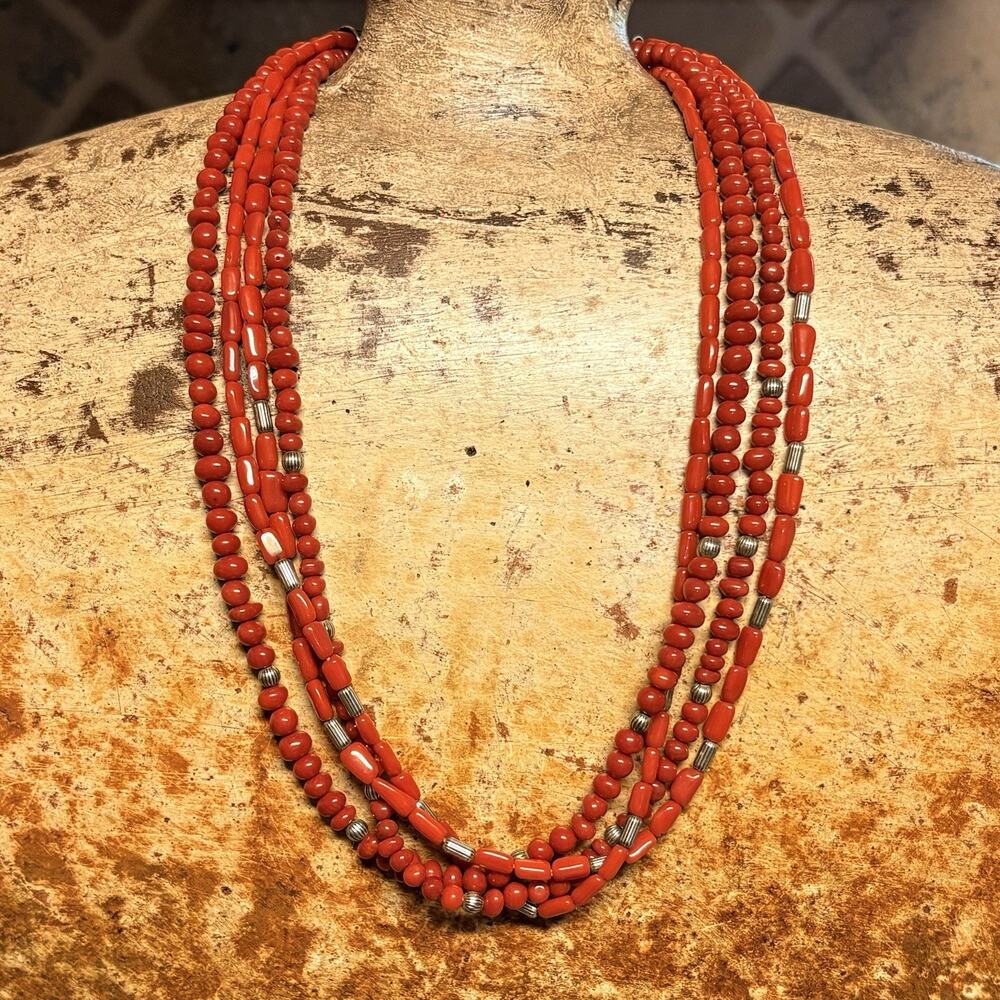 Shube's Dakota West Necklace Sterling Silver & Red Coral Multi Strand Vintage - Picture 4 of 8